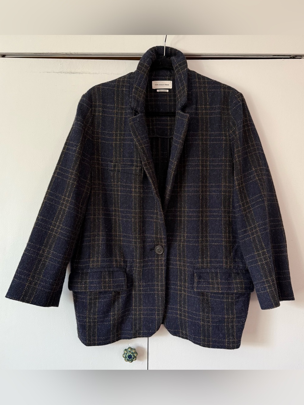 Isabel Marant Etoile Navy Plaid Wool Single-Button Blazer